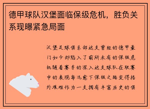 德甲球队汉堡面临保级危机，胜负关系现曝紧急局面
