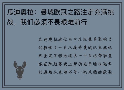 瓜迪奥拉：曼城欧冠之路注定充满挑战，我们必须不畏艰难前行