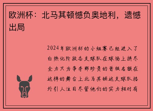 欧洲杯：北马其顿憾负奥地利，遗憾出局